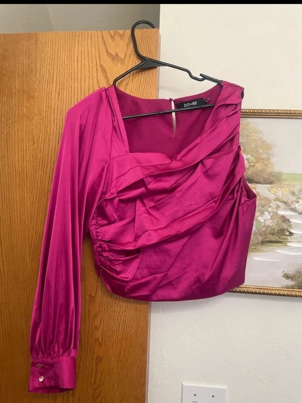 DO+BE Magenta One-Shoulder Draped Satin Blouse